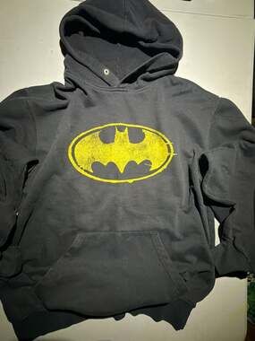 Six Flags Batman Hoodie Black Distressed Graphic Pullover Sweatshirt